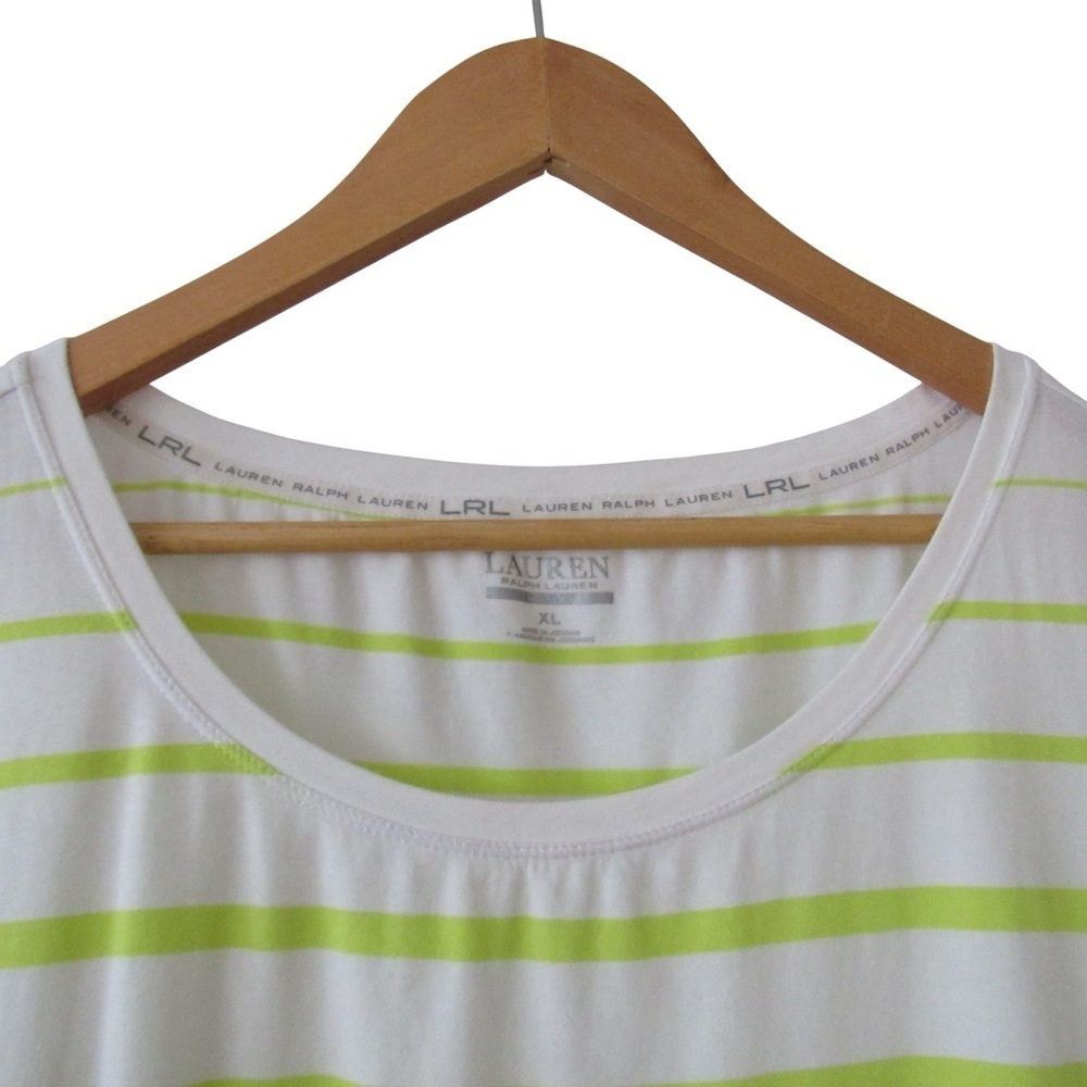 Lauren Ralph Lauren Striped Short Sleeve Tee XL Neon Yellow White Crewneck - Picture 3 of 9